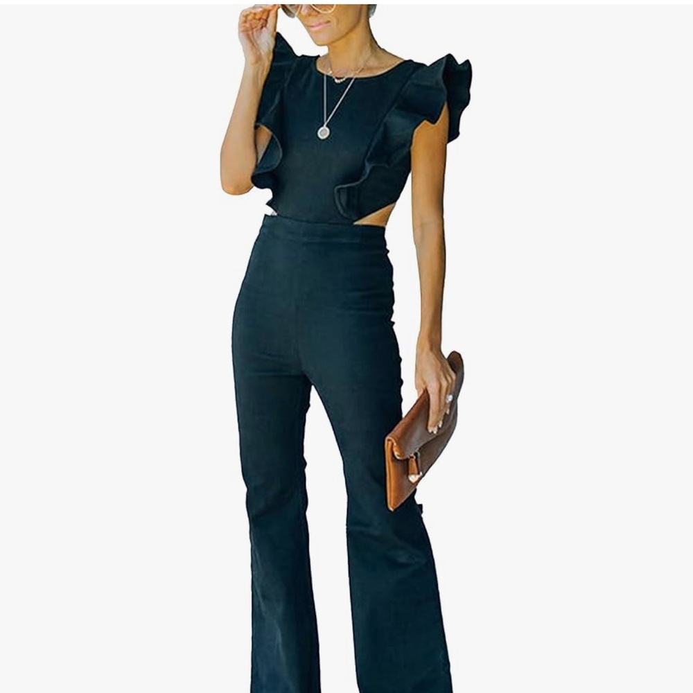 Flying Tomato Black Jumpsuit with Ruffled Sleeves and Wide-Leg Pants